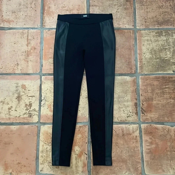 🔷 PAIGE Vegan Leather Tuxedo Size Small Black Leggings - Picture 1 of 7